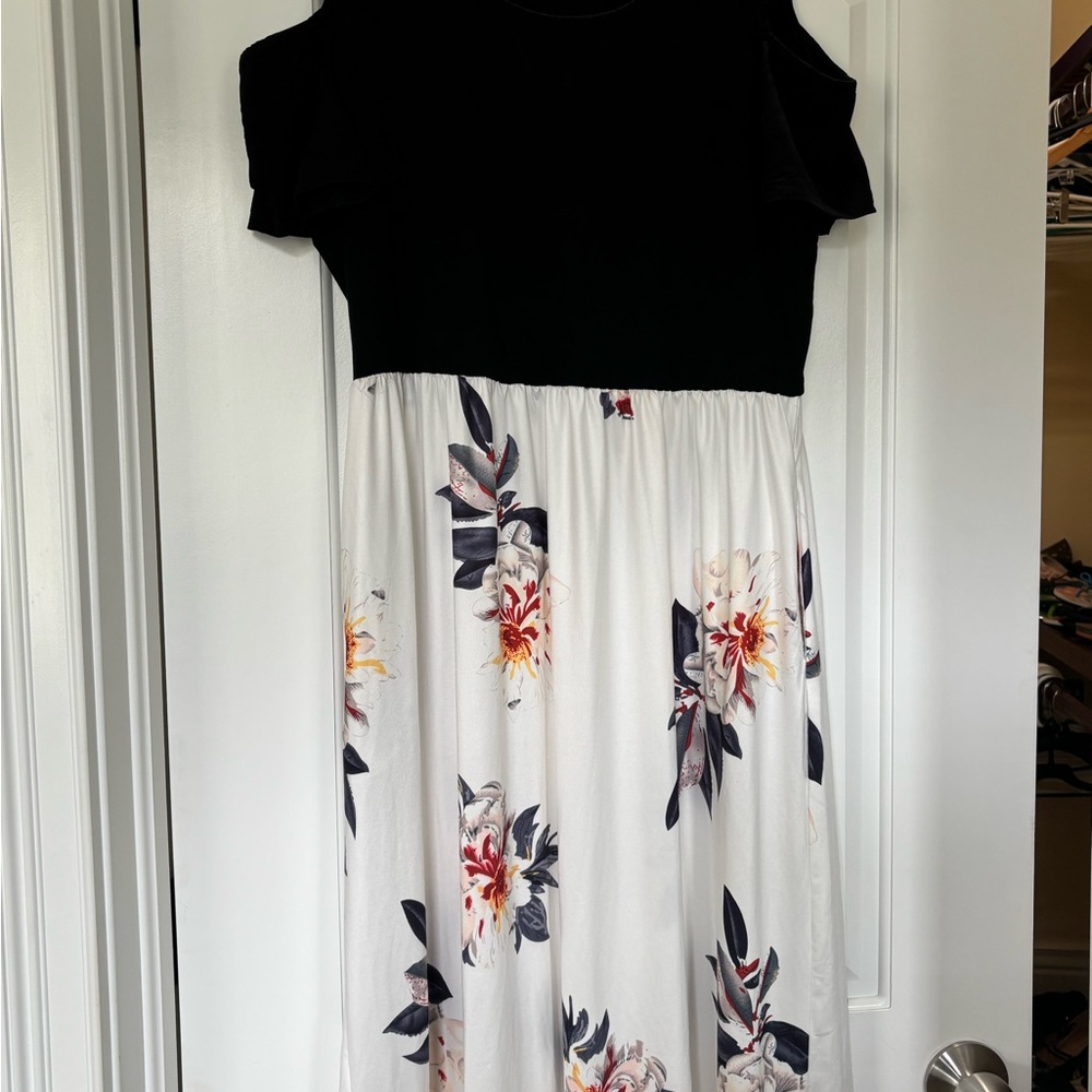 Floral Black and White Cold Shoulder Dress